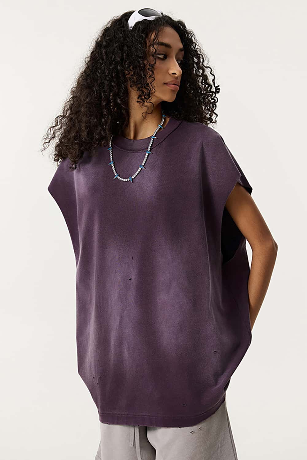 Vintage Distressed Cut-Out Shoulder Sleeveless Sports Tank Top
