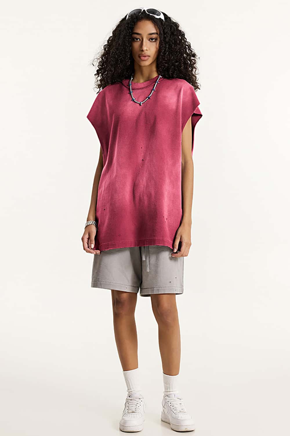 Vintage Distressed Cut-Out Shoulder Sleeveless Sports Tank Top