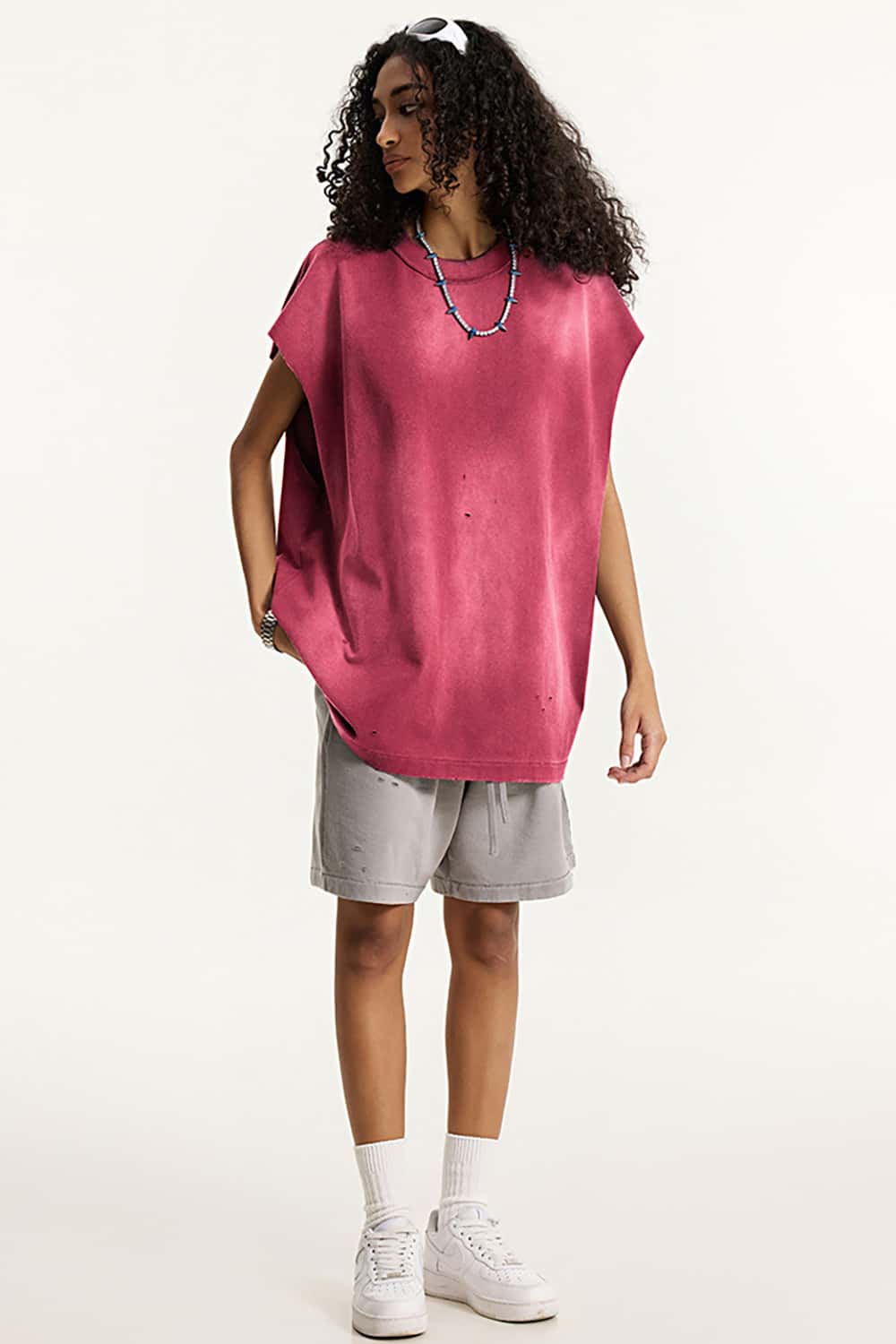Vintage Distressed Cut-Out Shoulder Sleeveless Sports Tank Top