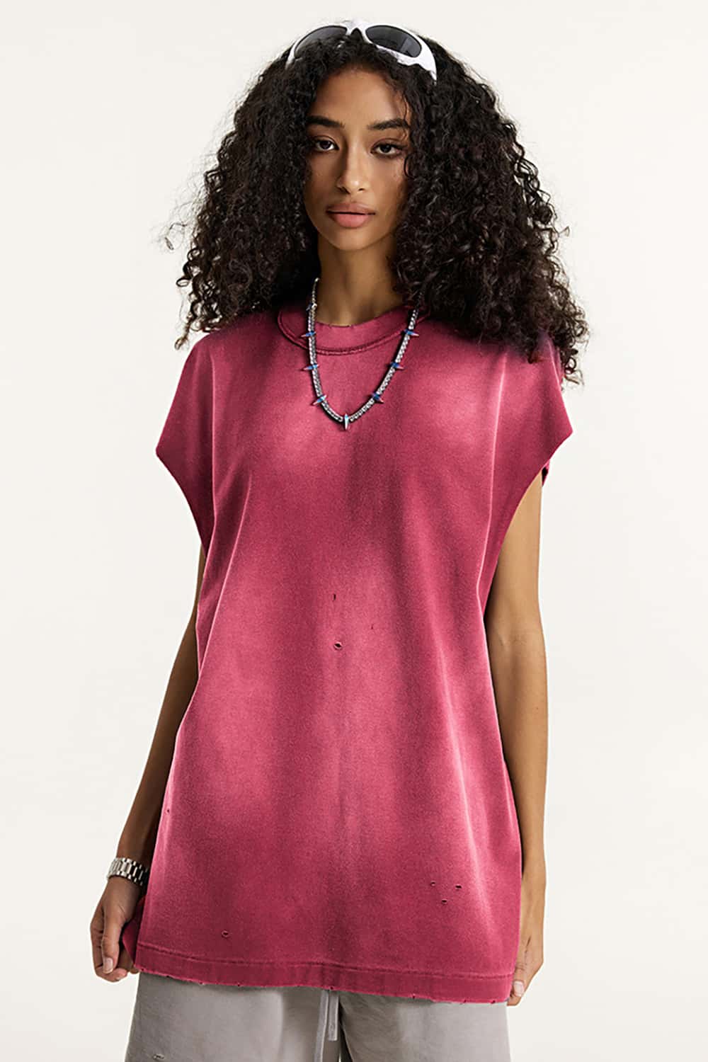 Vintage Distressed Cut-Out Shoulder Sleeveless Sports Tank Top