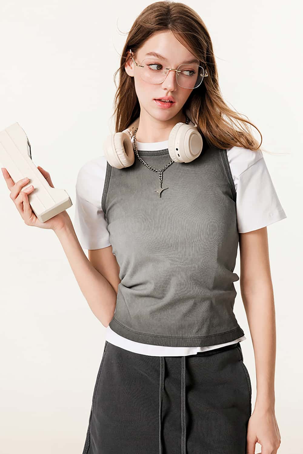 Distressed Wash Sleeveless Layered Cool Sweet Tank Top