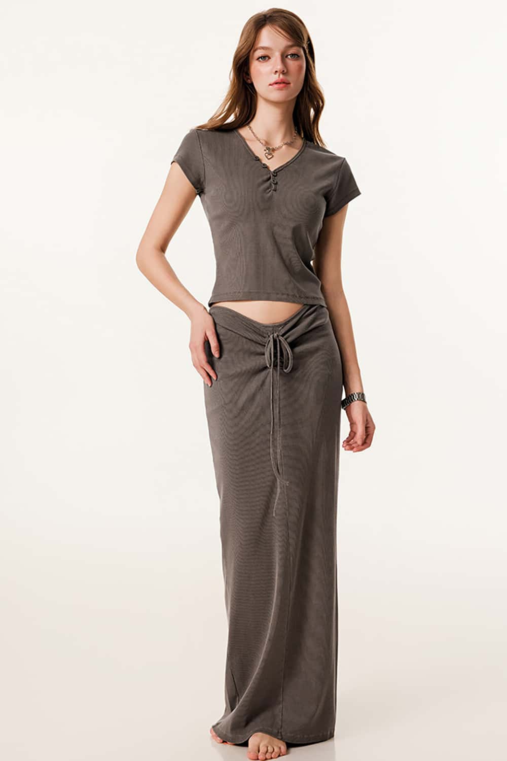 Vintage Slim-Fit Ruched Hip-Hugging Maxi Skirt