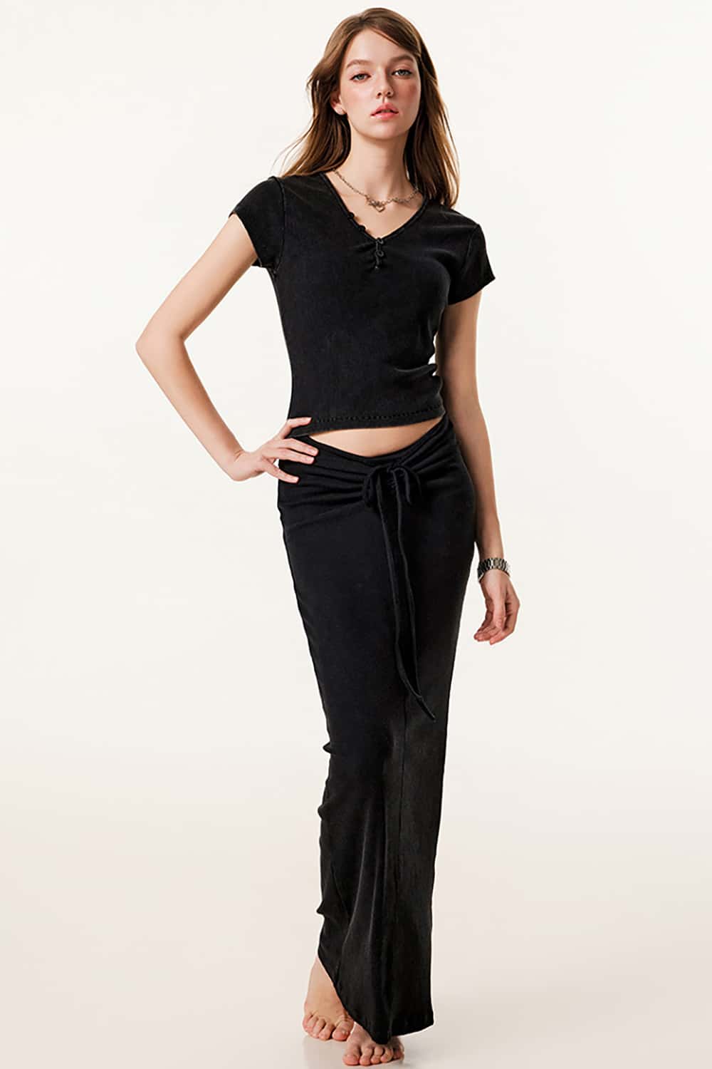 Vintage Slim-Fit Ruched Hip-Hugging Maxi Skirt