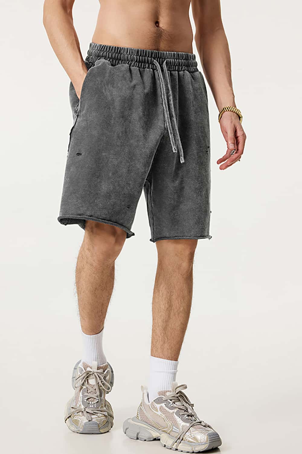 High Street Waxed-Dye Over-the-Knee Shorts in Post-Apocalyptic Style