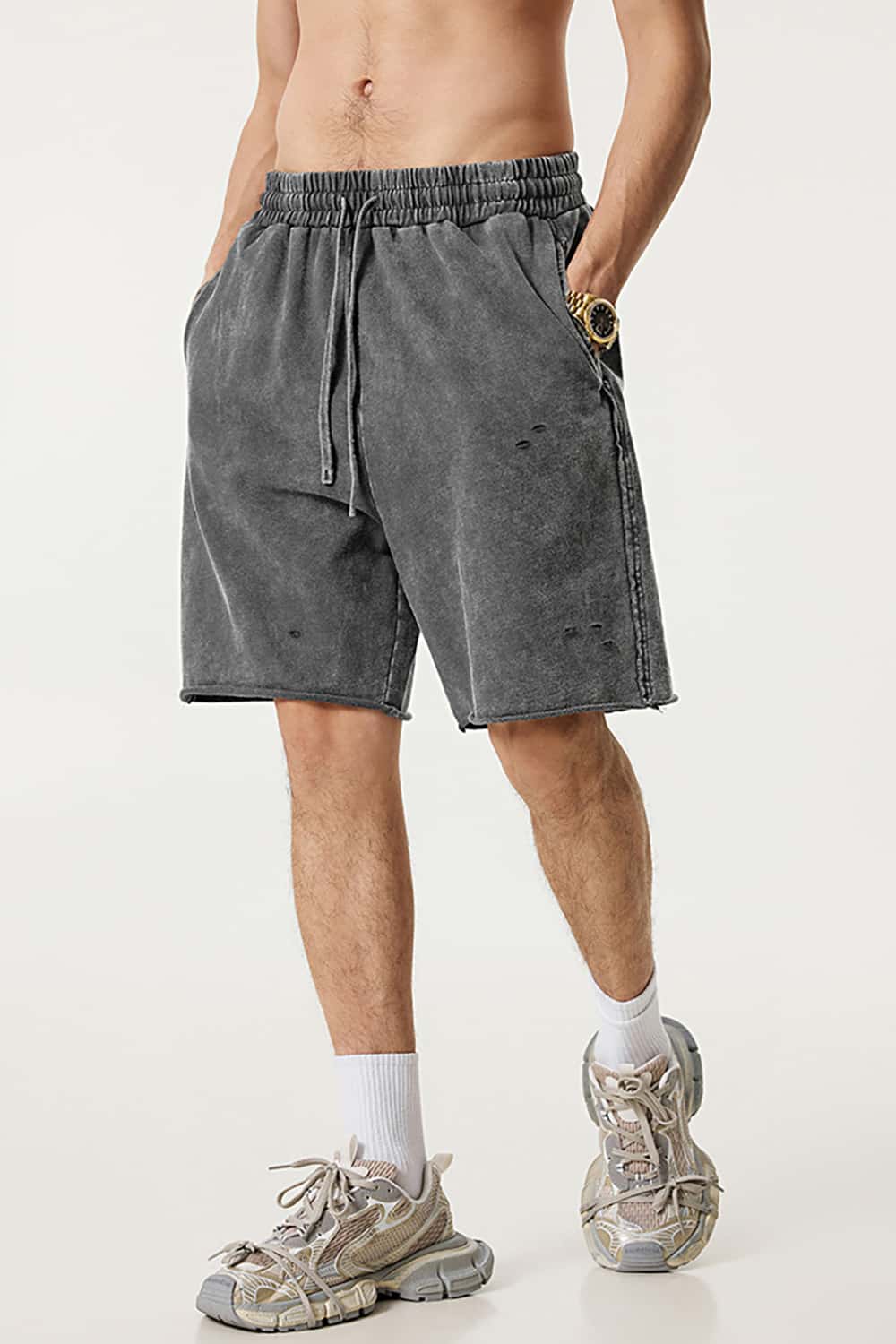 High Street Waxed-Dye Over-the-Knee Shorts in Post-Apocalyptic Style