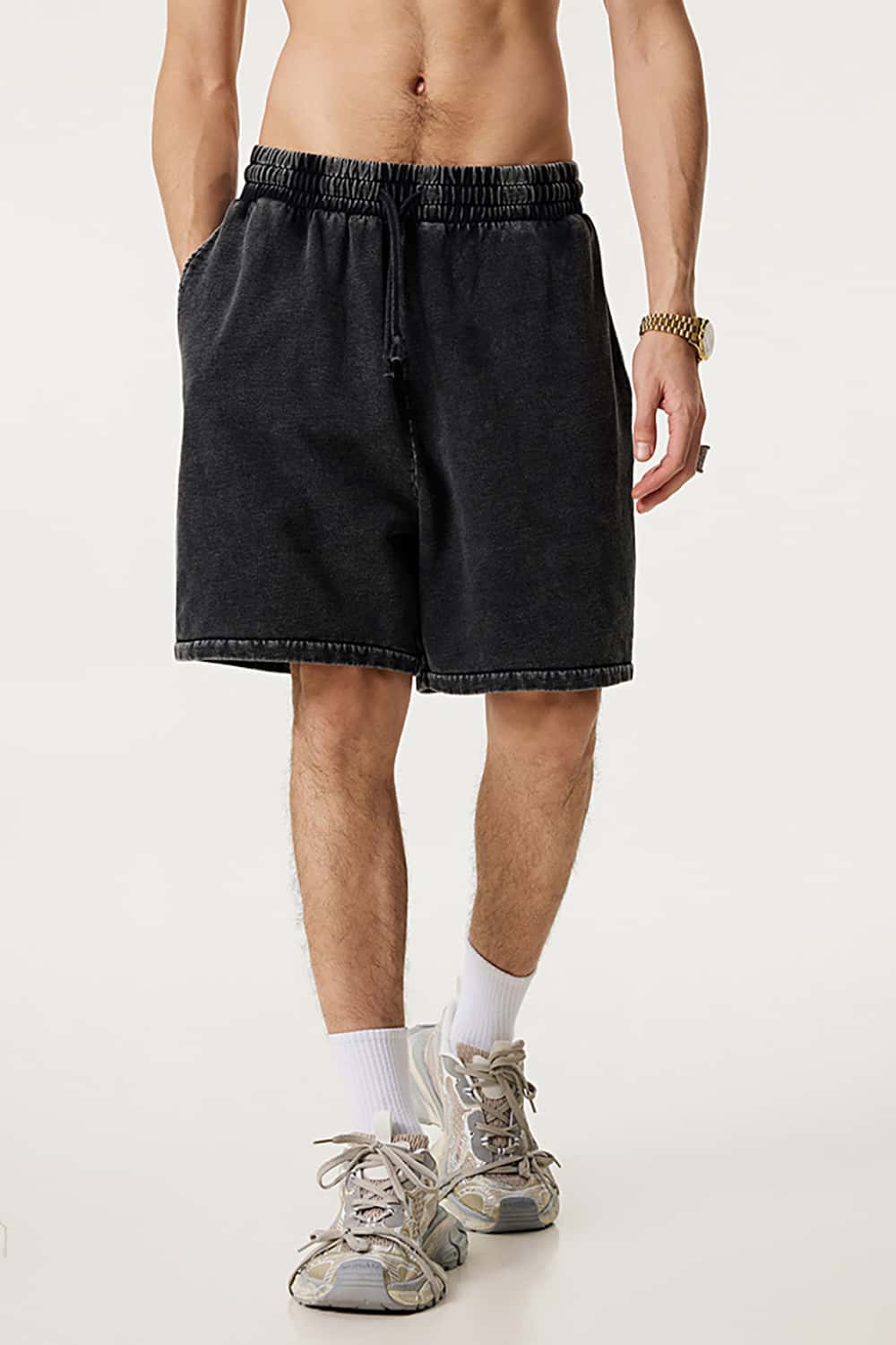 Heavyweight Drawstring Casual Sports Shorts with Vintage Raw Hem