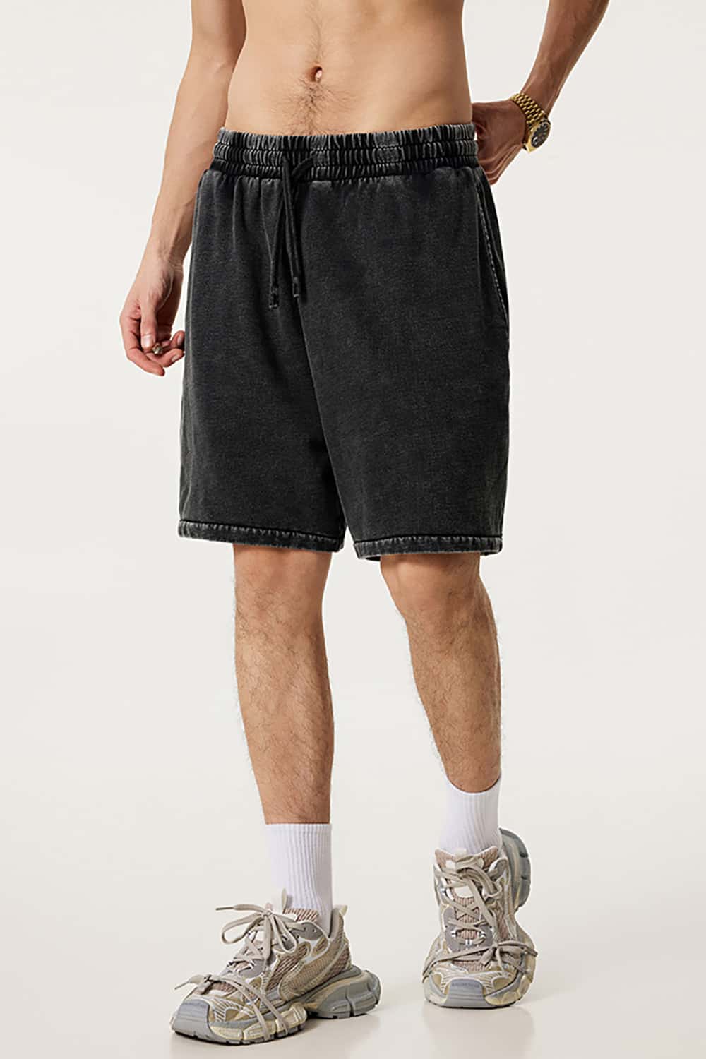 Heavyweight Drawstring Casual Sports Shorts with Vintage Raw Hem