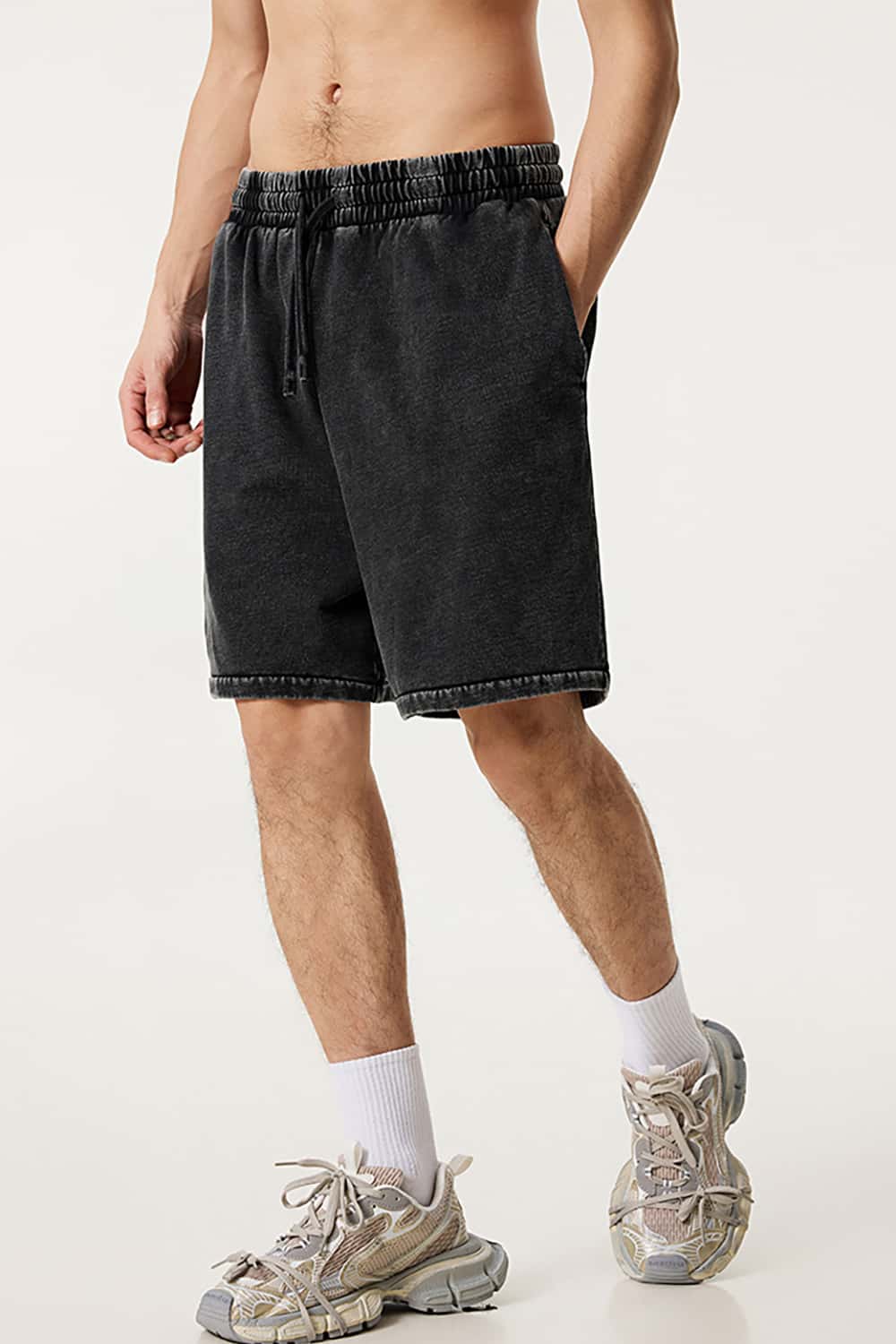 Heavyweight Drawstring Casual Sports Shorts with Vintage Raw Hem