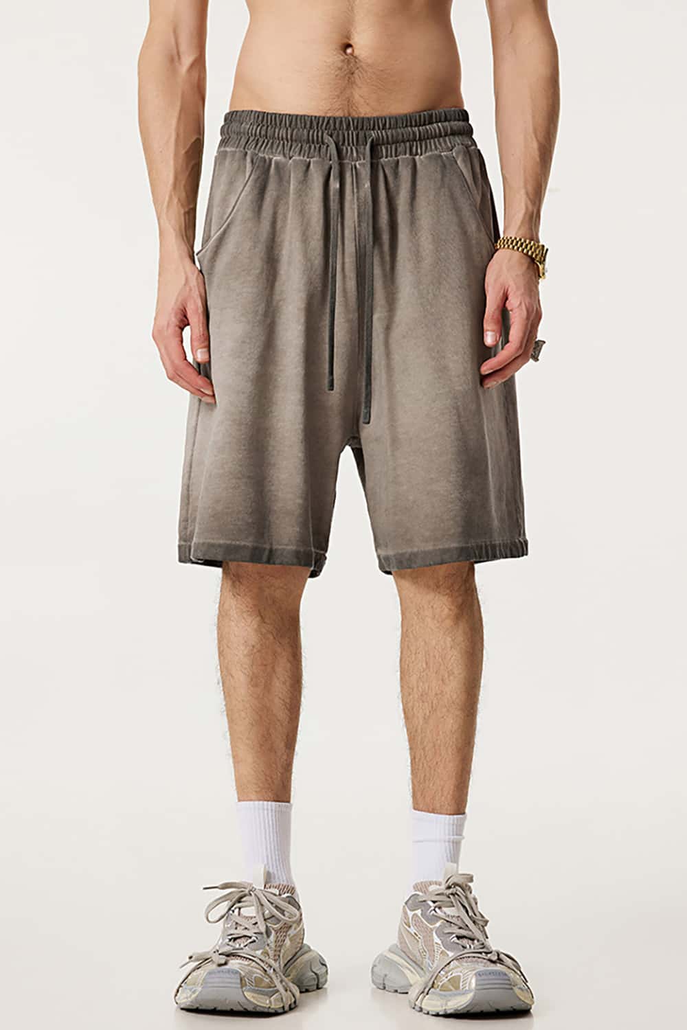 Heavyweight Drawstring Casual Sports Shorts with Vintage Raw Hem
