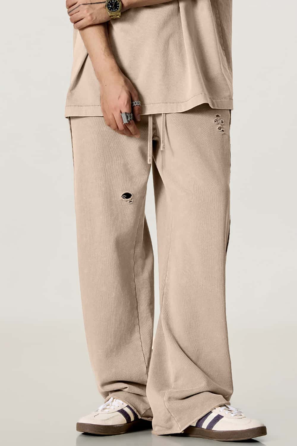 Vintage Washed Distressed Straight-Leg Sweatpants with Rolled Hem