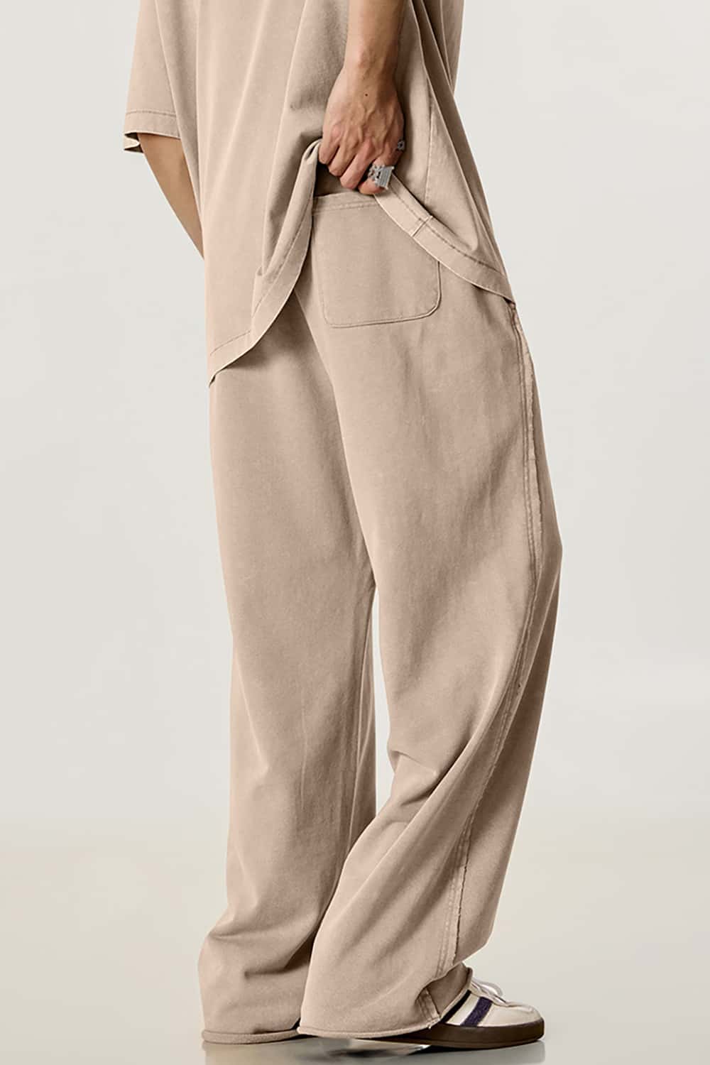 Vintage Washed Distressed Straight-Leg Sweatpants with Rolled Hem