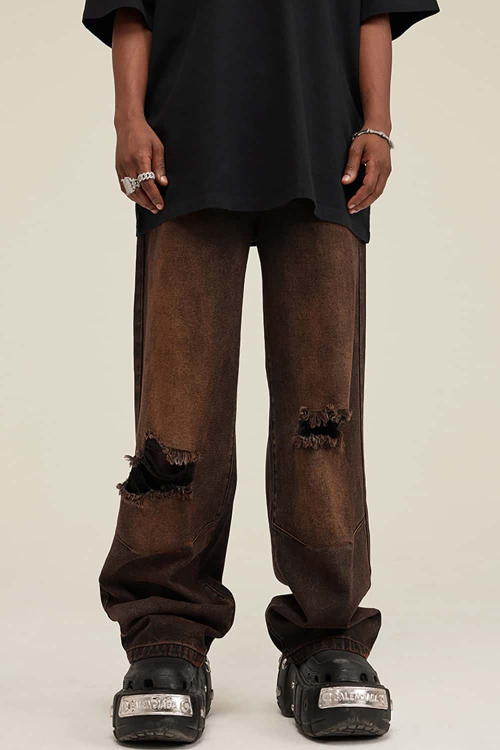 High Street Dark Distressed Wide-Leg Hip-Hop Jeans