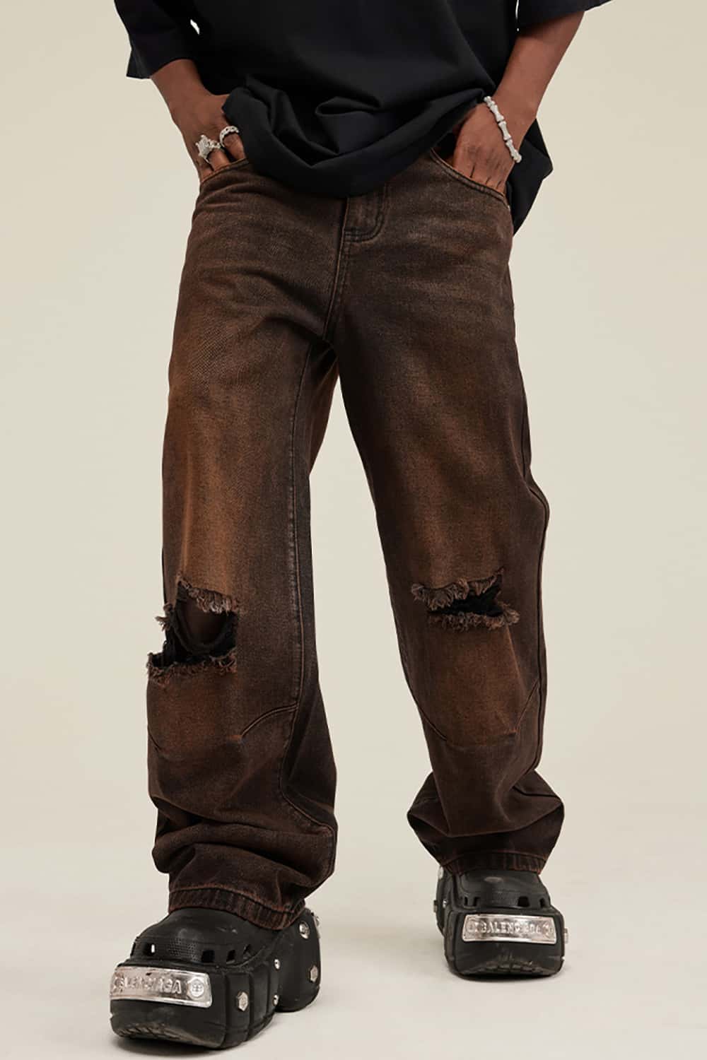 High Street Dark Distressed Wide-Leg Hip-Hop Jeans