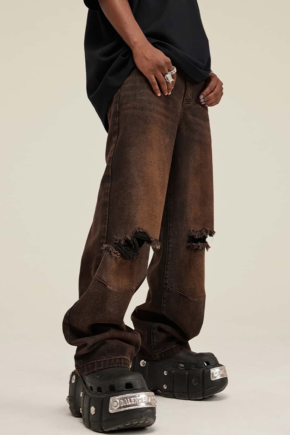 High Street Dark Distressed Wide-Leg Hip-Hop Jeans