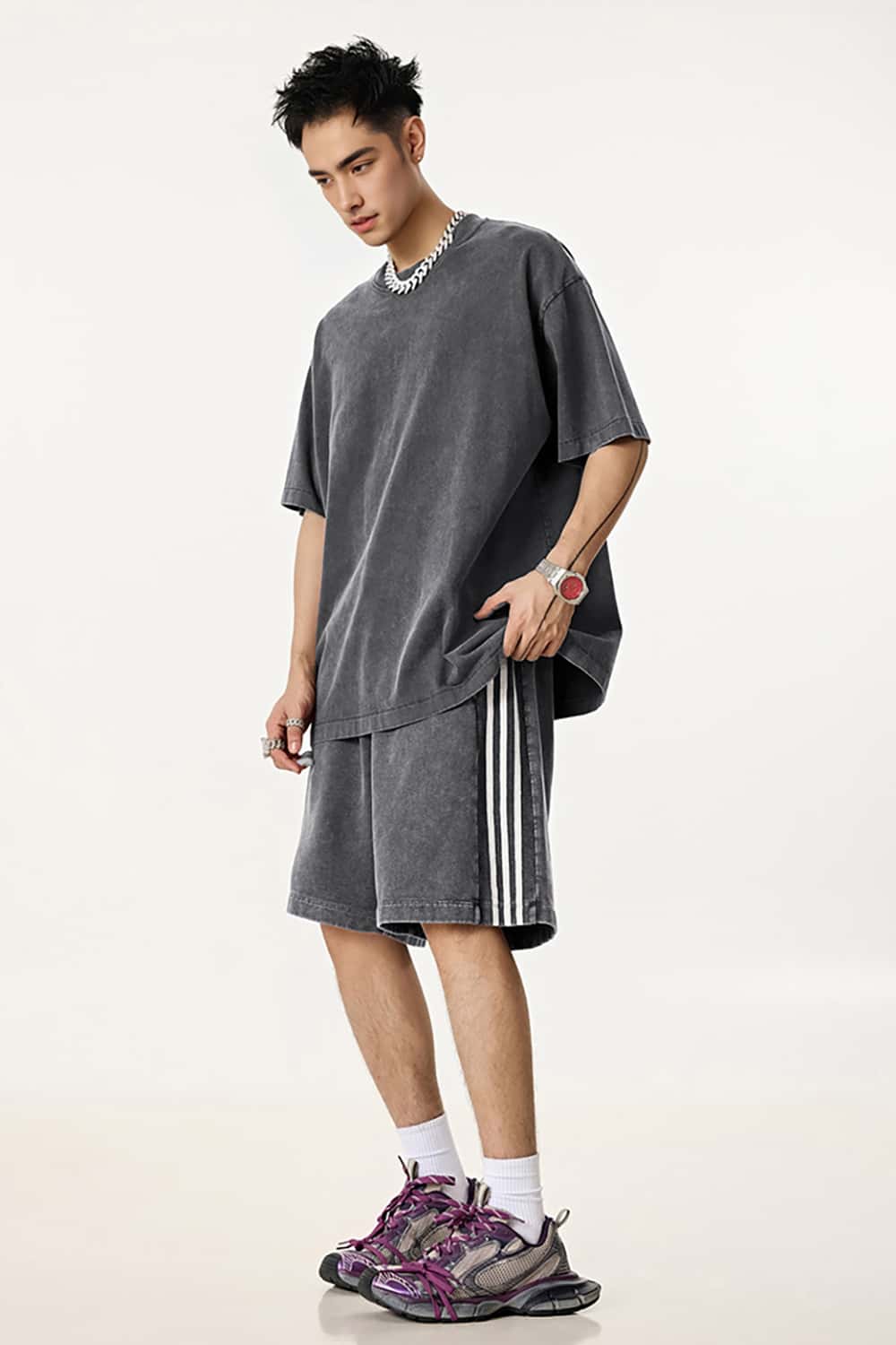 Casual Washed Shorts with Triple Stripe Side Detail in Plus Size