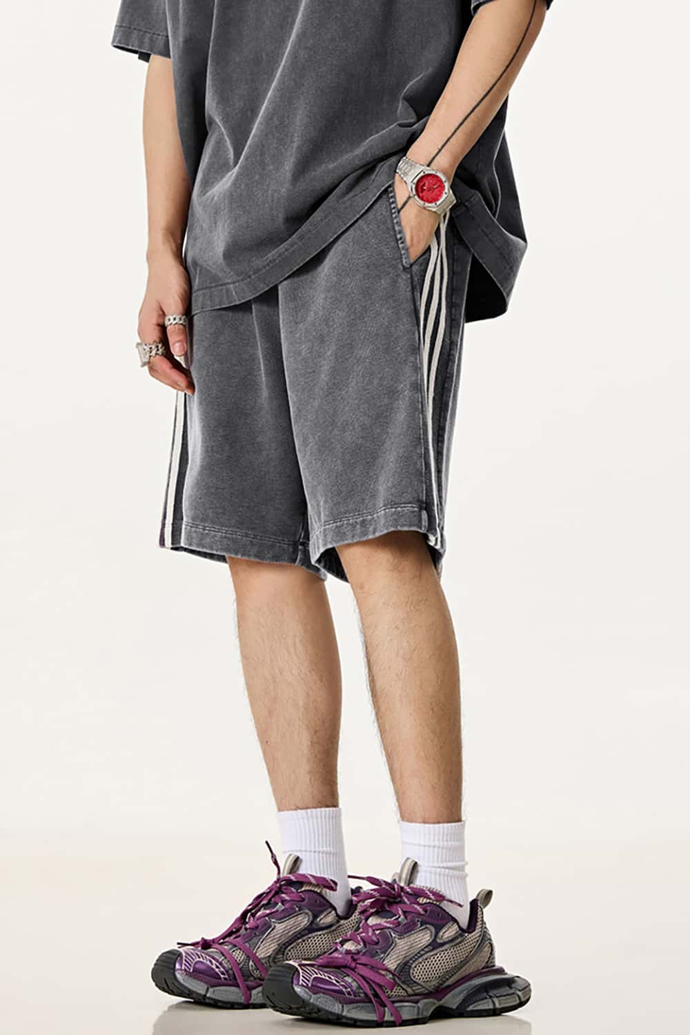 Casual Washed Shorts with Triple Stripe Side Detail in Plus Size