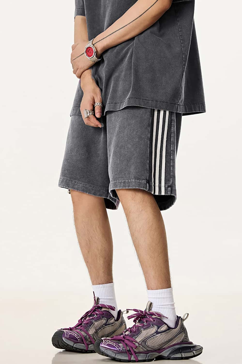 Casual Washed Shorts with Triple Stripe Side Detail in Plus Size