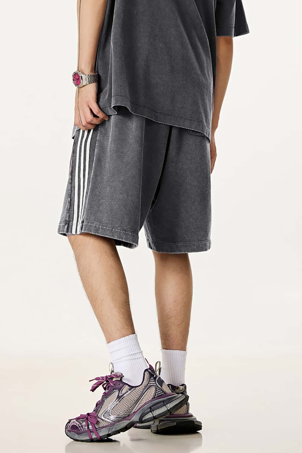 Casual Washed Shorts with Triple Stripe Side Detail in Plus Size