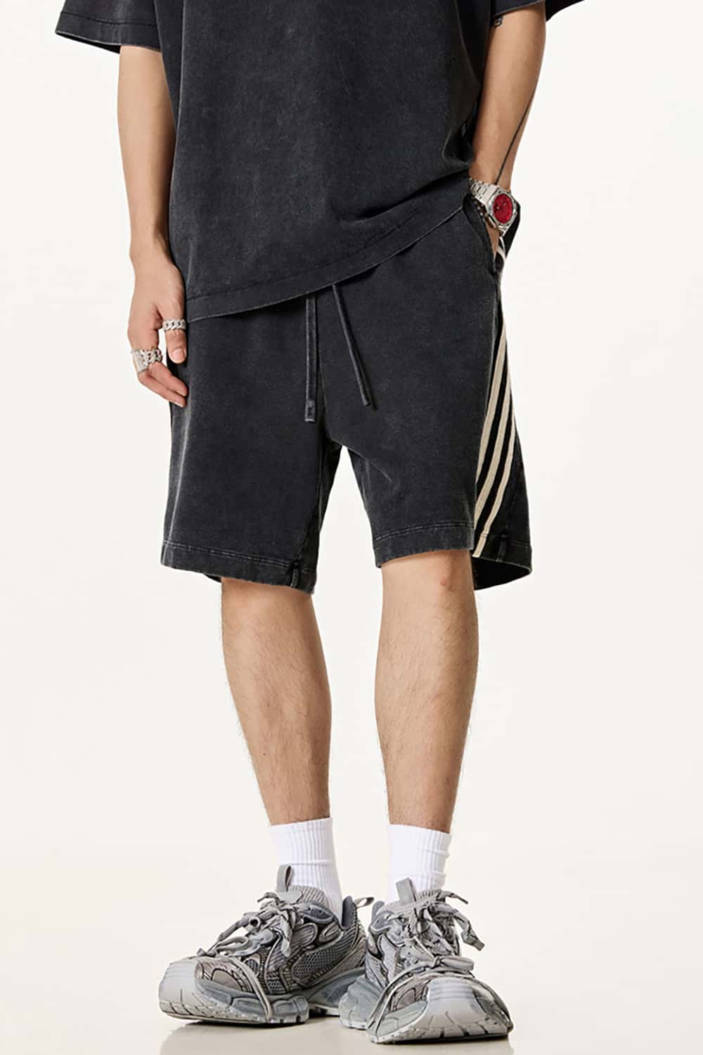 Casual Washed Shorts with Triple Stripe Side Detail in Plus Size