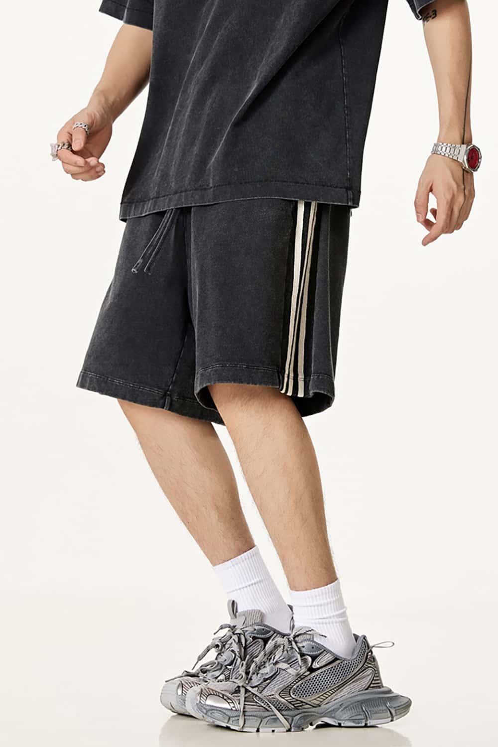 Casual Washed Shorts with Triple Stripe Side Detail in Plus Size
