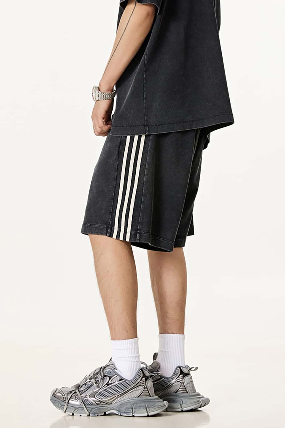 Casual Washed Shorts with Triple Stripe Side Detail in Plus Size