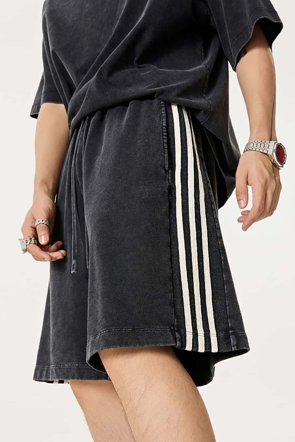Casual Washed Shorts with Triple Stripe Side Detail in Plus Size