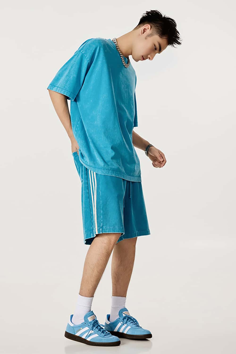 Casual Washed Shorts with Triple Stripe Side Detail in Plus Size