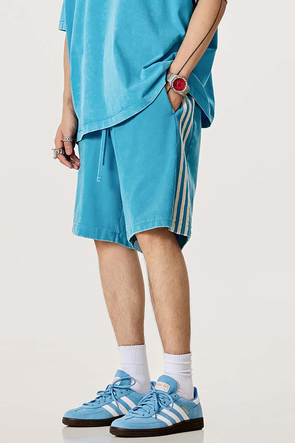 Casual Washed Shorts with Triple Stripe Side Detail in Plus Size