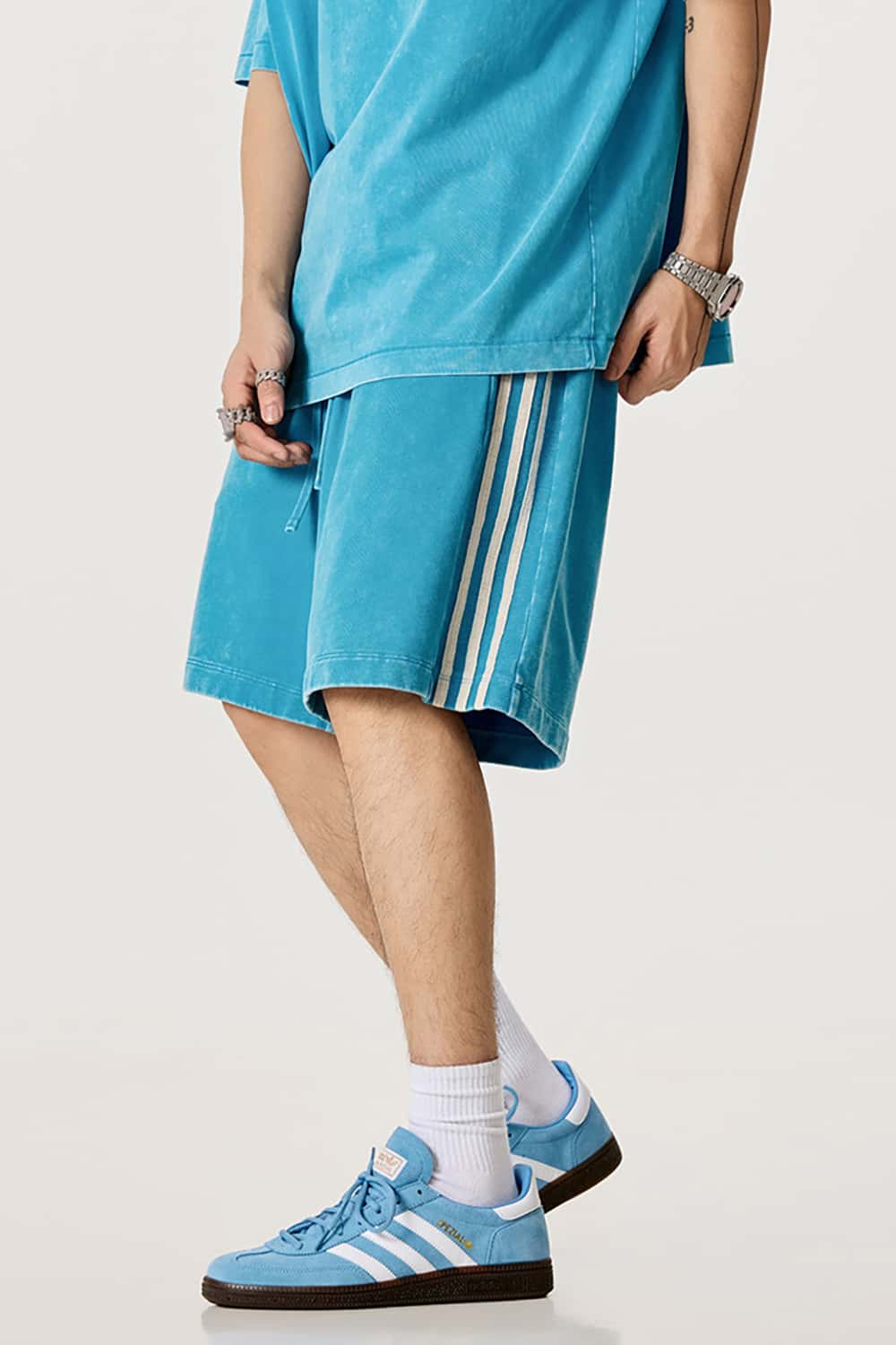 Casual Washed Shorts with Triple Stripe Side Detail in Plus Size