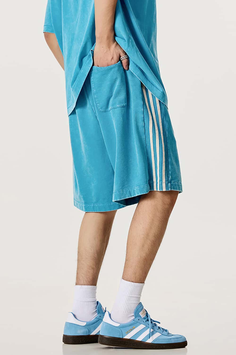 Casual Washed Shorts with Triple Stripe Side Detail in Plus Size