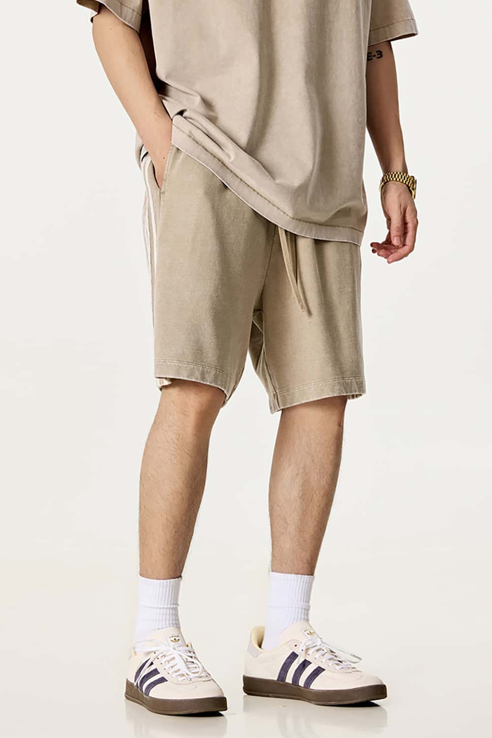 Casual Washed Shorts with Triple Stripe Side Detail in Plus Size