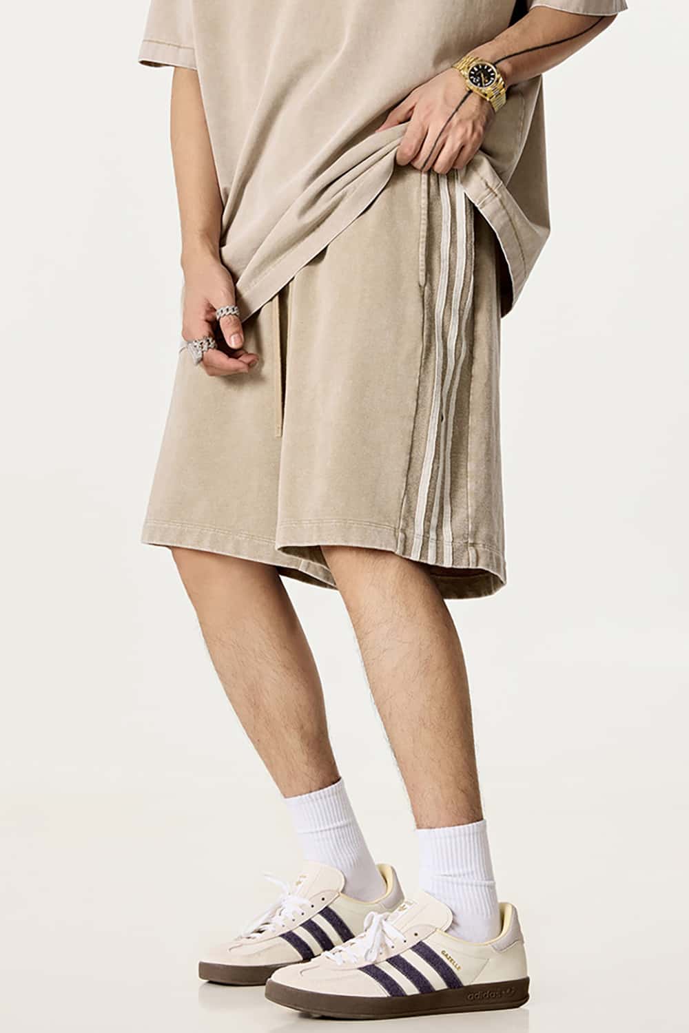 Casual Washed Shorts with Triple Stripe Side Detail in Plus Size
