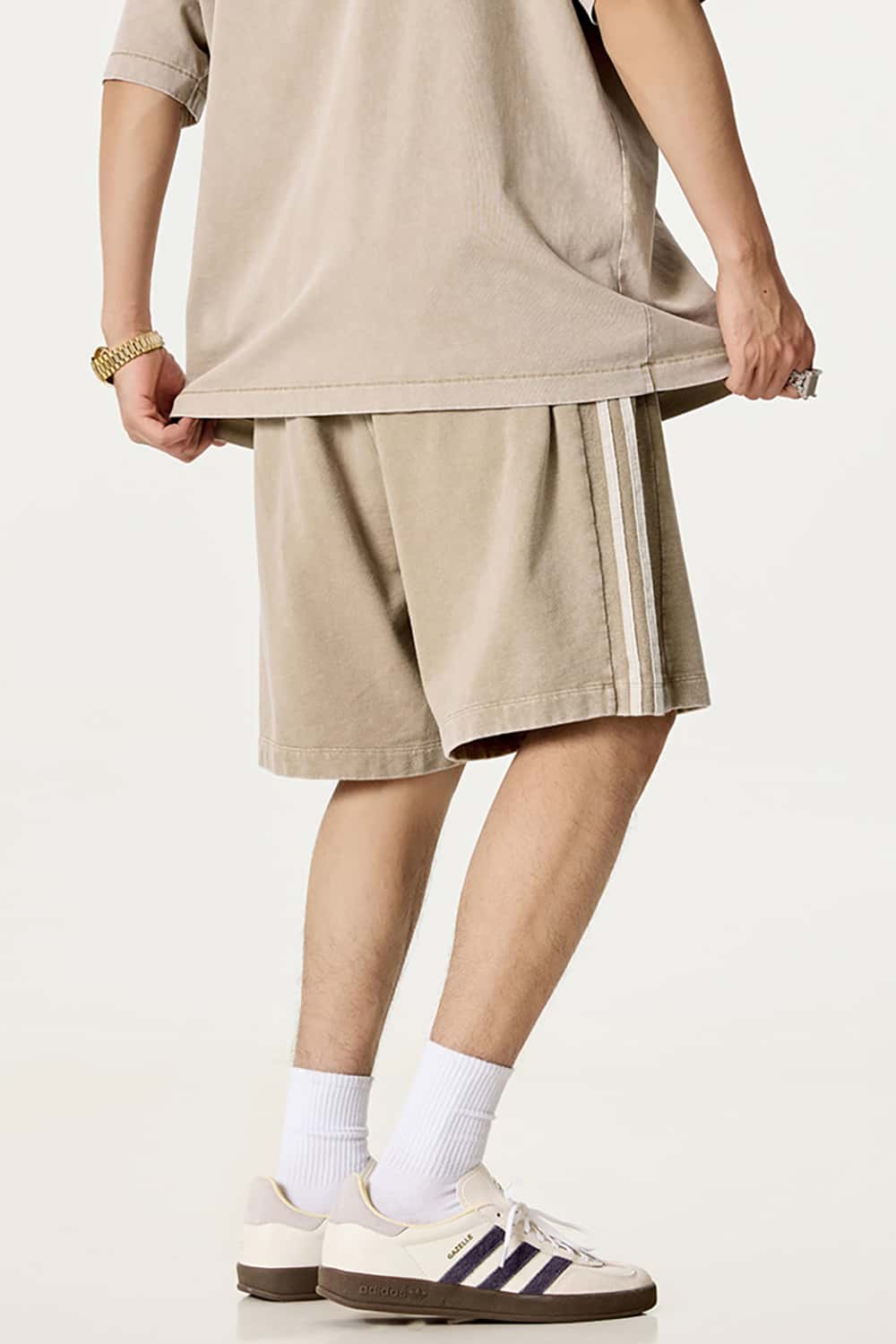 Casual Washed Shorts with Triple Stripe Side Detail in Plus Size