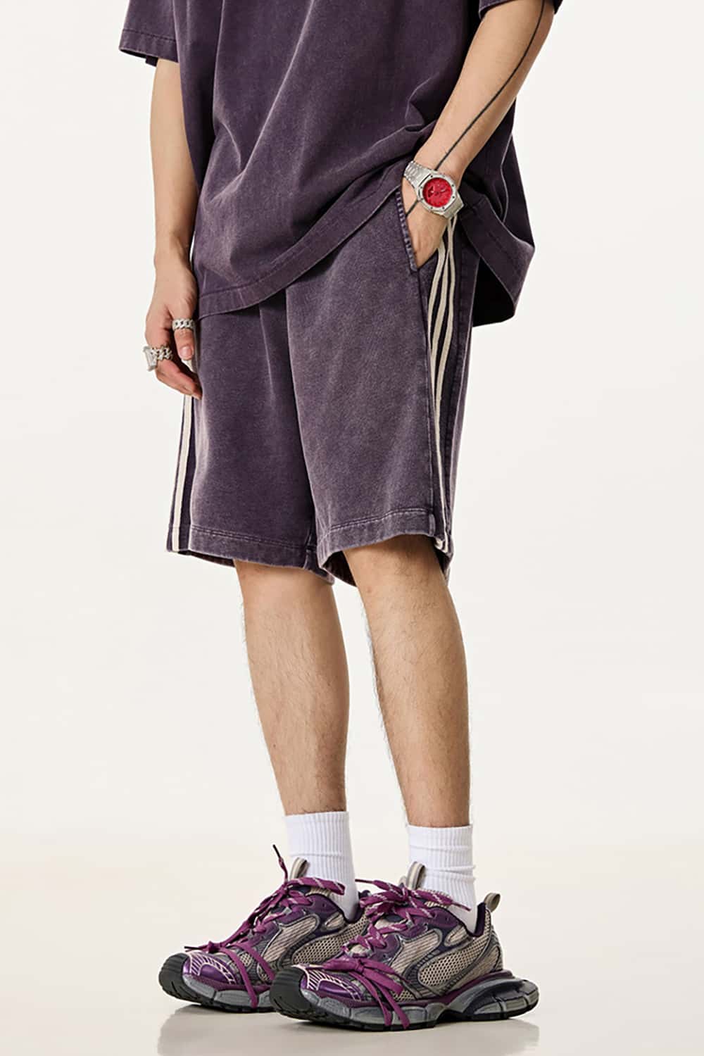 Casual Washed Shorts with Triple Stripe Side Detail in Plus Size
