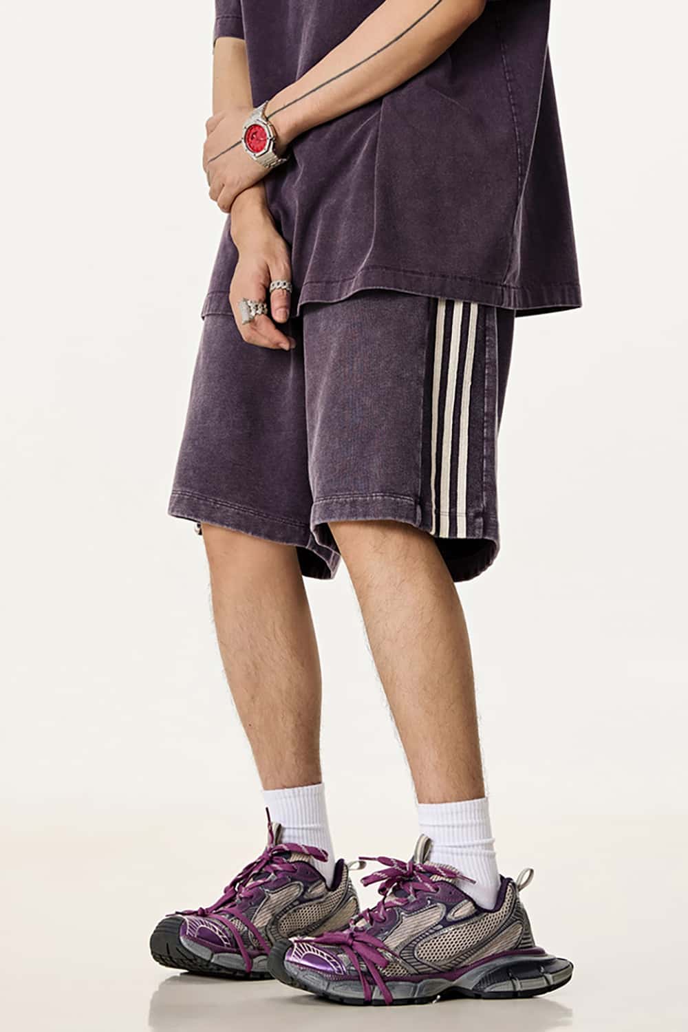 Casual Washed Shorts with Triple Stripe Side Detail in Plus Size