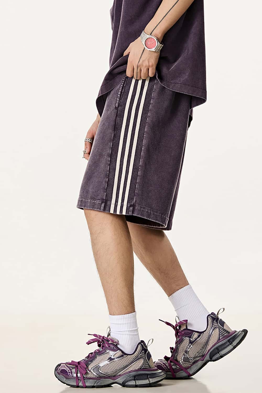 Casual Washed Shorts with Triple Stripe Side Detail in Plus Size