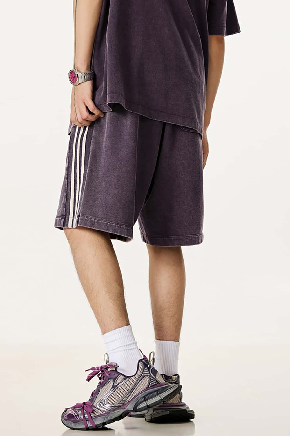 Casual Washed Shorts with Triple Stripe Side Detail in Plus Size
