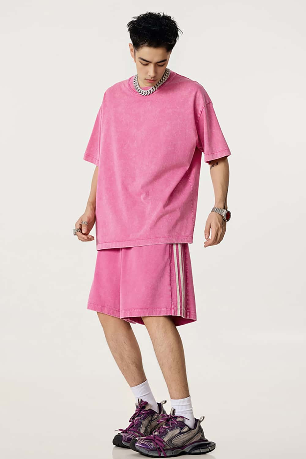 Casual Washed Shorts with Triple Stripe Side Detail in Plus Size