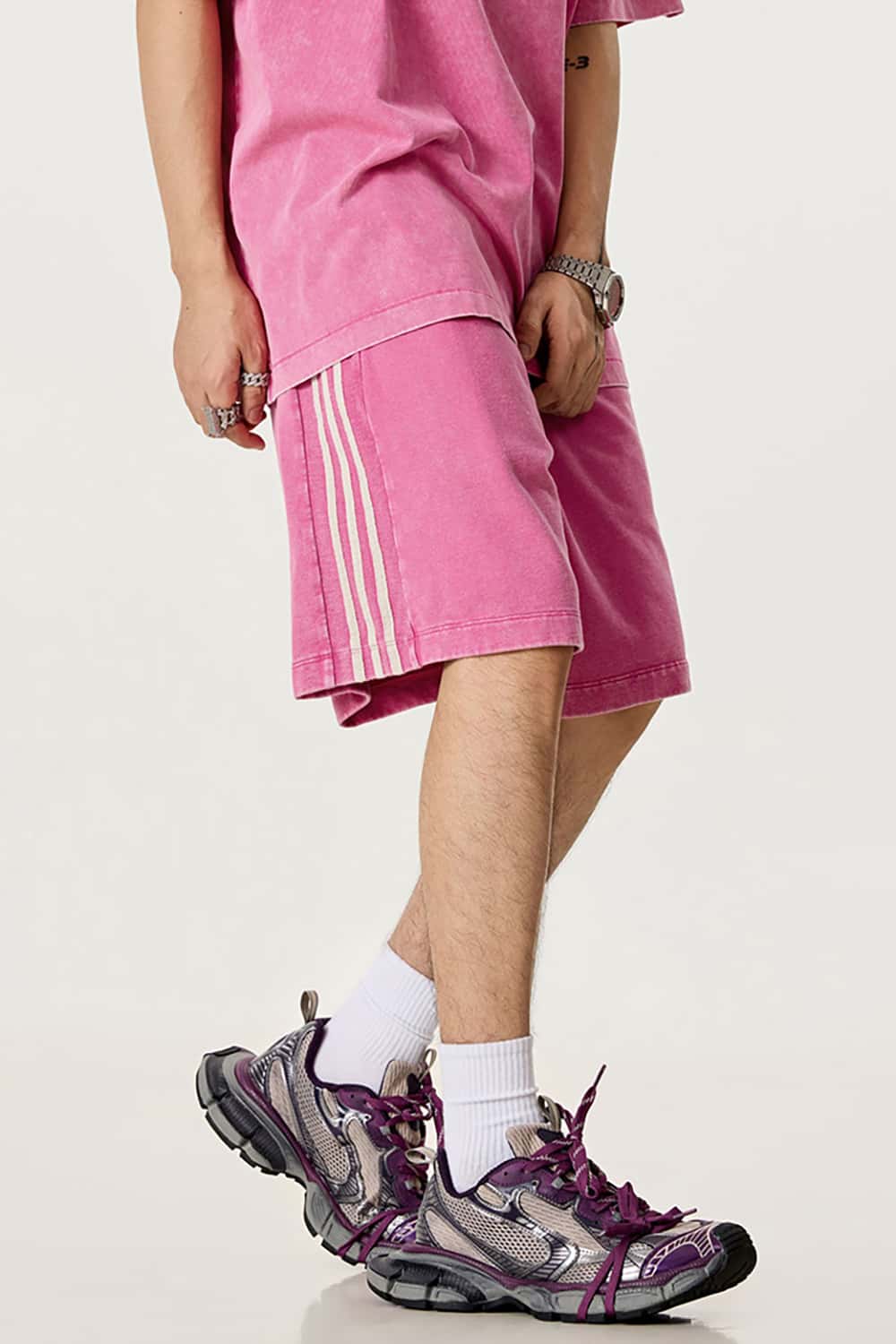 Casual Washed Shorts with Triple Stripe Side Detail in Plus Size