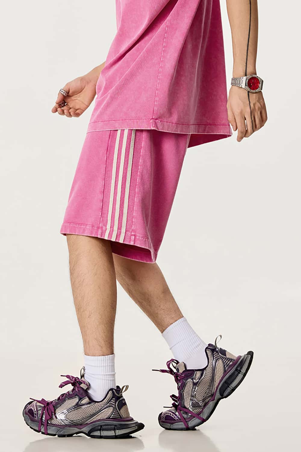 Casual Washed Shorts with Triple Stripe Side Detail in Plus Size