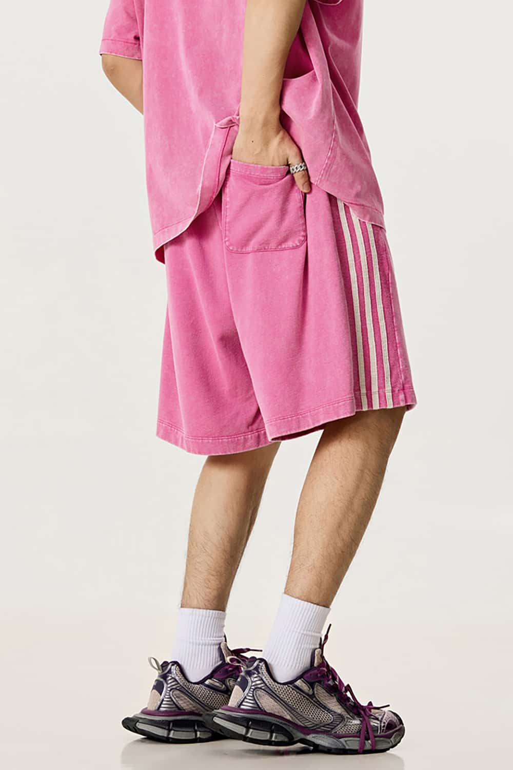 Casual Washed Shorts with Triple Stripe Side Detail in Plus Size