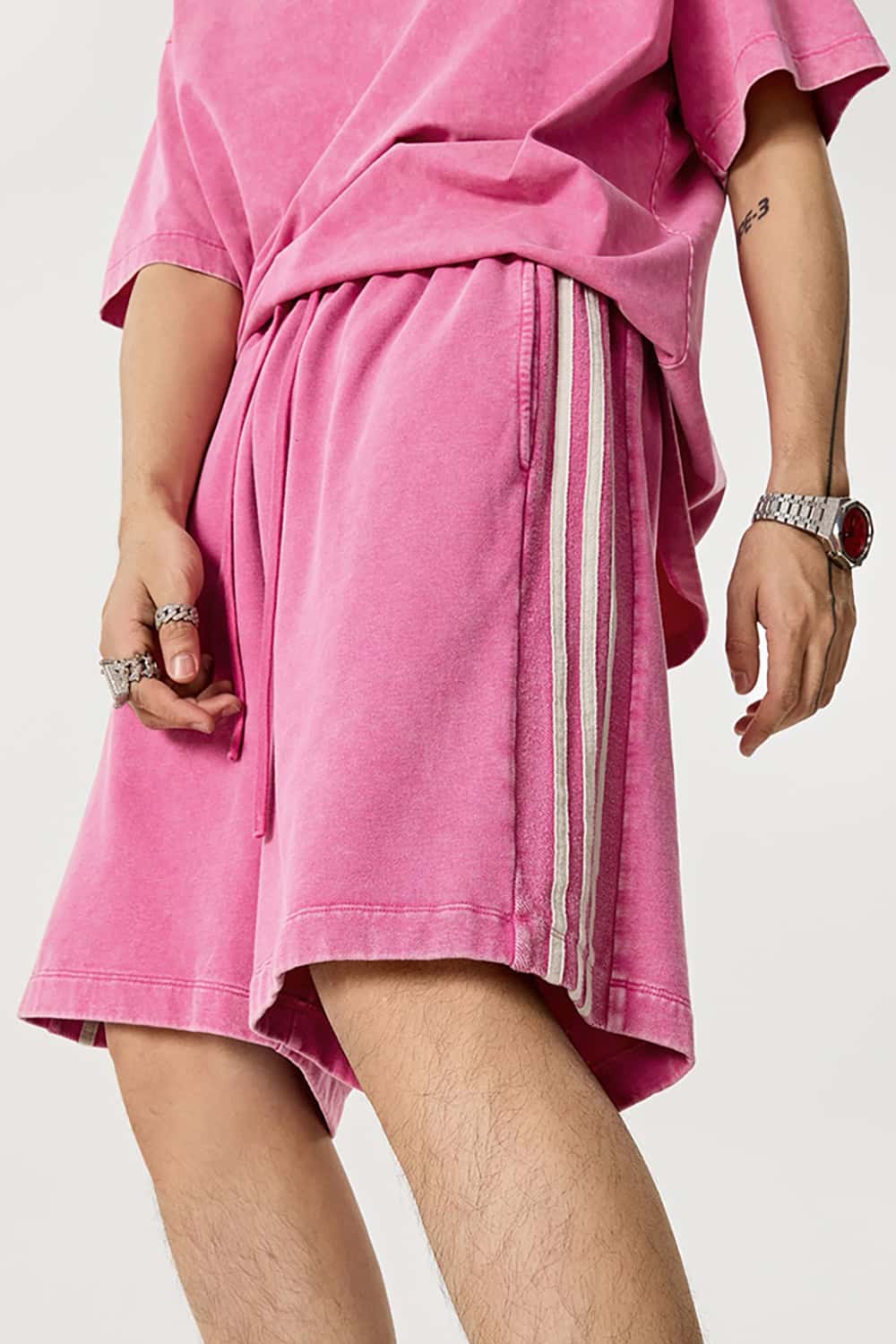 Casual Washed Shorts with Triple Stripe Side Detail in Plus Size