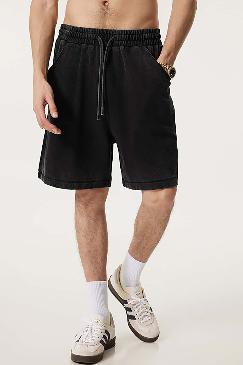Washed Cotton Casual Shorts with Textured Pattern