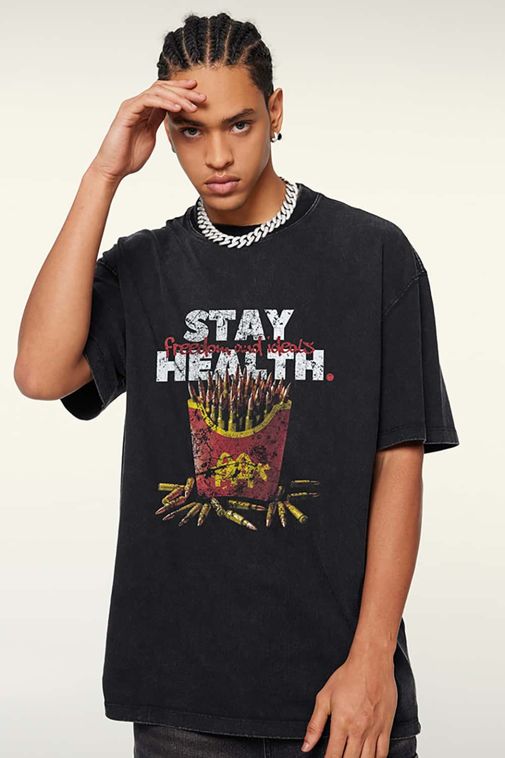 "Stay Healthy" Parody French Fries Graphic Cotton T-Shirt
