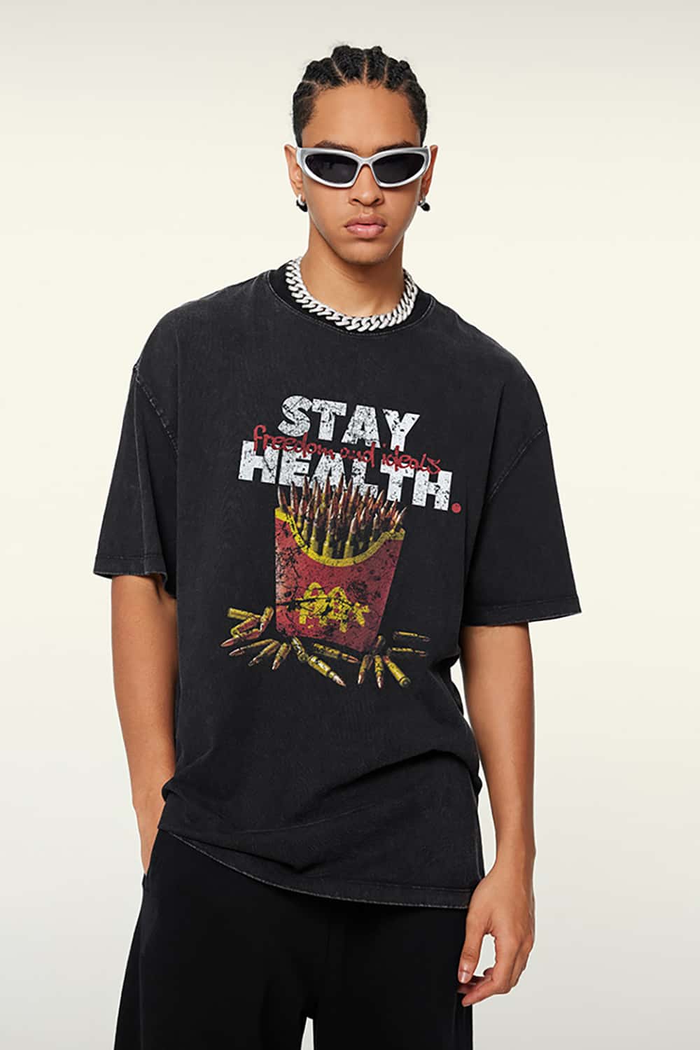 "Stay Healthy" Parody French Fries Graphic Cotton T-Shirt