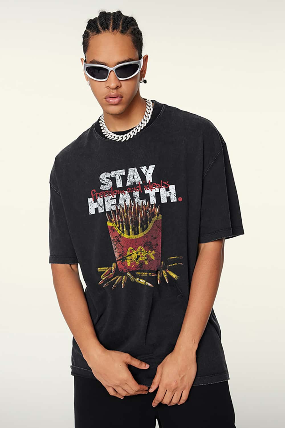 "Stay Healthy" Parody French Fries Graphic Cotton T-Shirt
