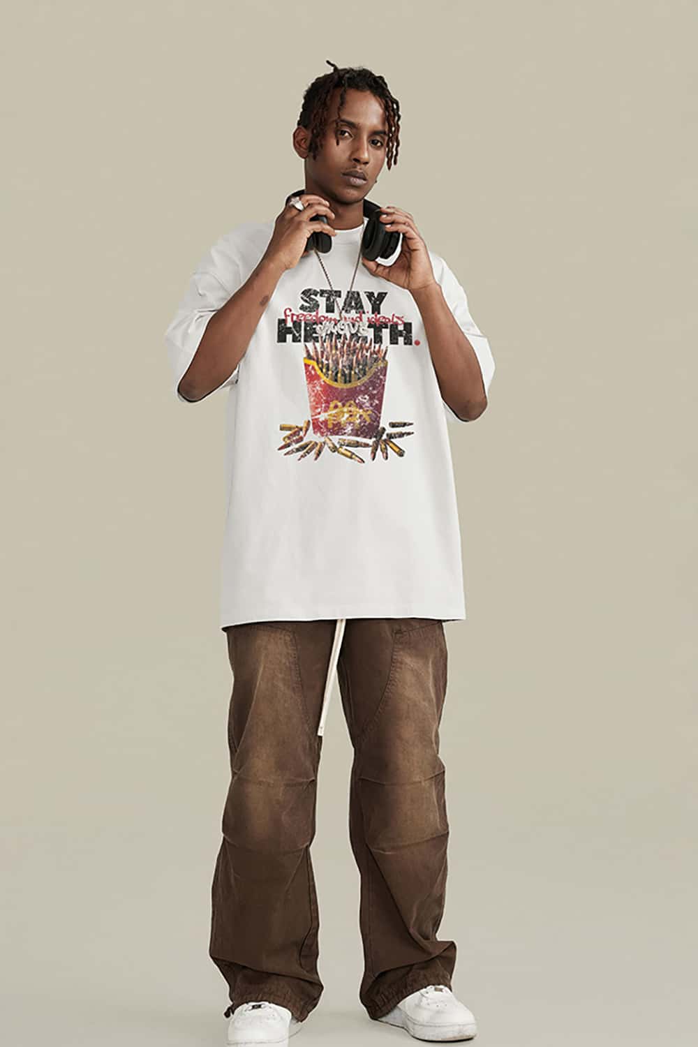 "Stay Healthy" Parody French Fries Graphic Cotton T-Shirt