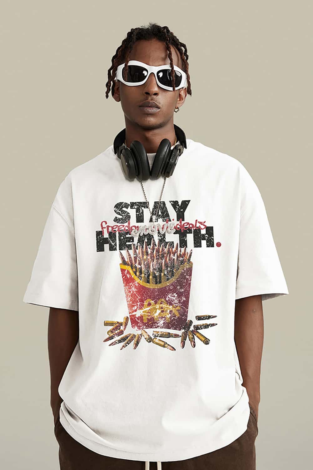 "Stay Healthy" Parody French Fries Graphic Cotton T-Shirt
