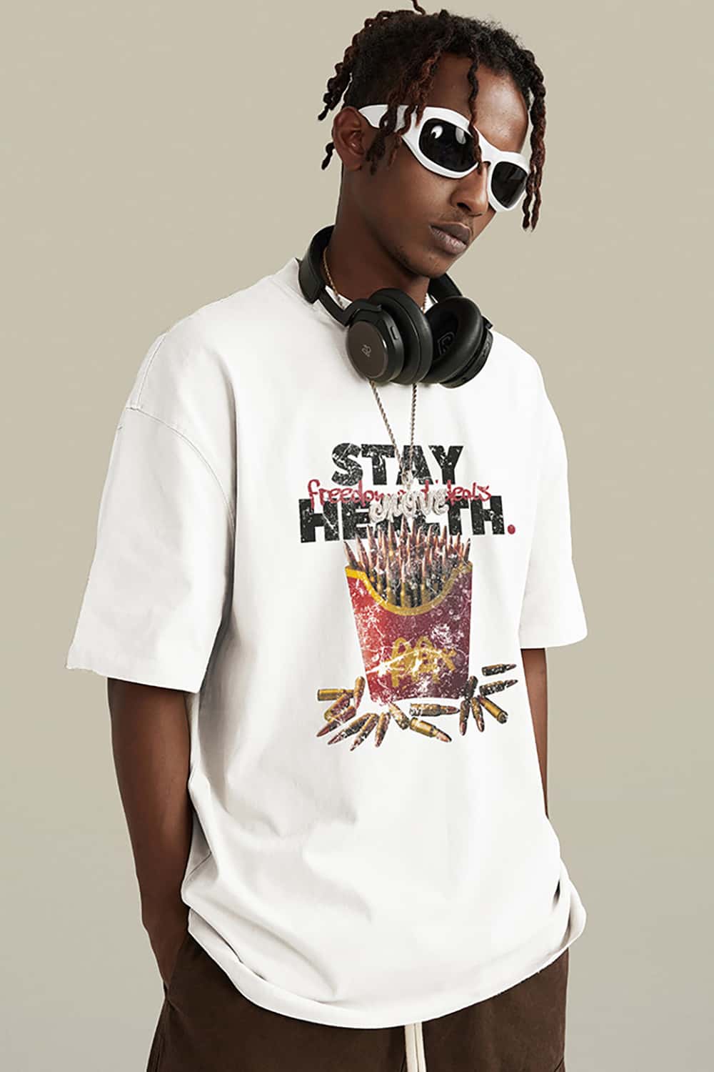 "Stay Healthy" Parody French Fries Graphic Cotton T-Shirt