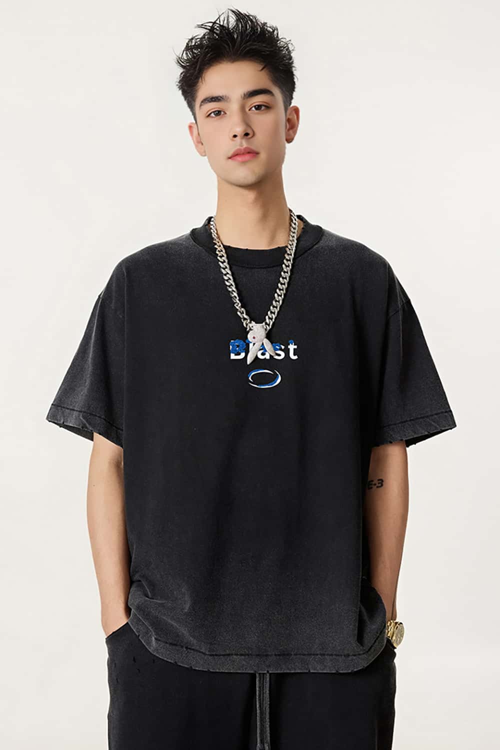 Heavyweight Embroidered Towel Patch Distressed Short Sleeve T-Shirt